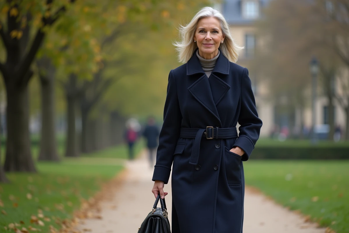Femme marchant dans un parc parisien en manteau navy
