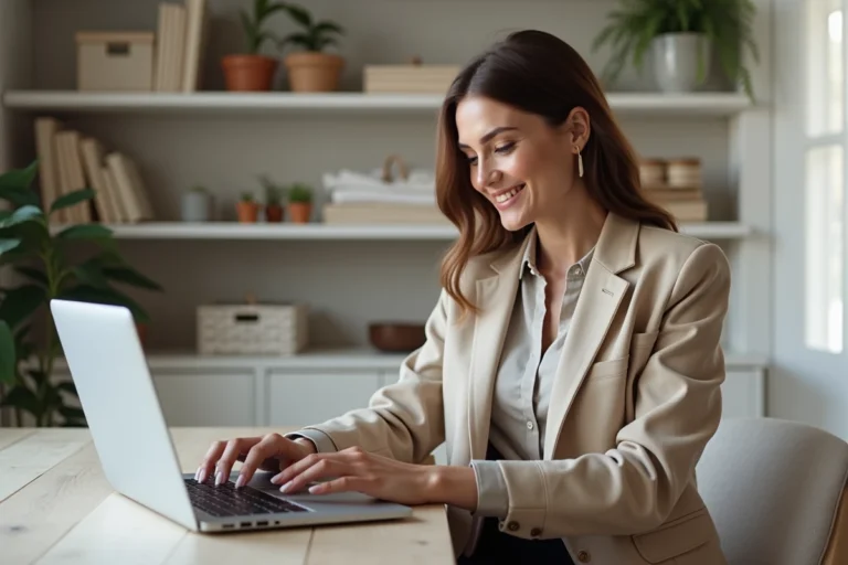 Jeune femme élégante naviguant sur une boutique en ligne tendance depuis un bureau minimaliste scandinave