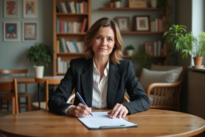 Femme signant un contrat de location dans un intérieur chaleureux