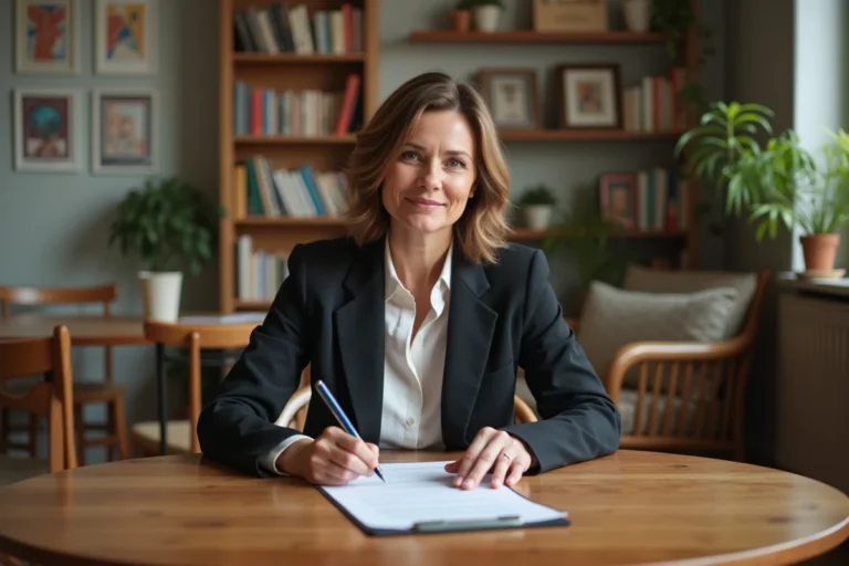 Femme signant un contrat de location dans un intérieur chaleureux