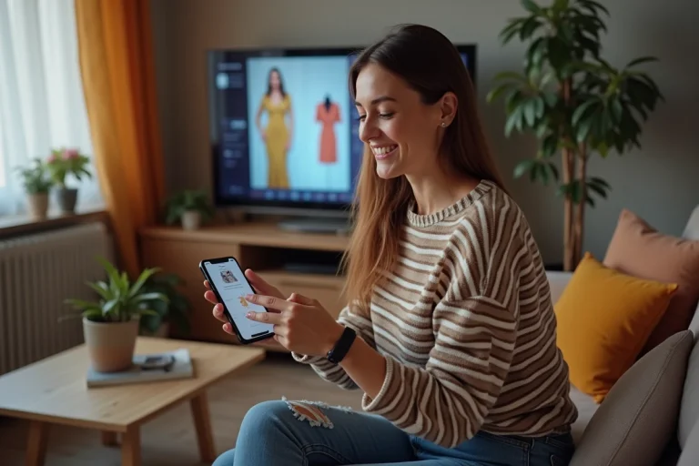 Femme souriante compare une robe sur son téléphone dans un salon