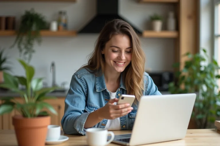 Jeune femme souriante dans sa cuisine moderne avec ordinateur