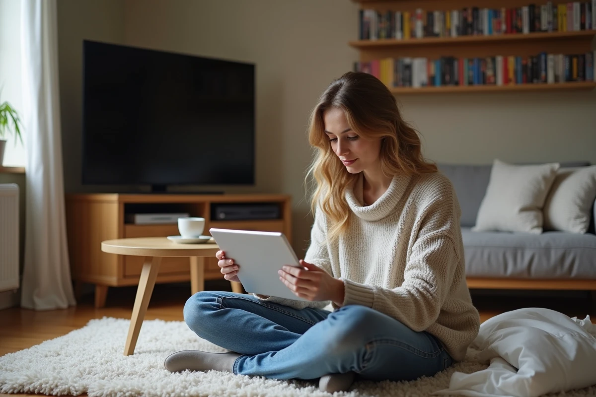 Femme assise sur le tapis avec sa tablette dans un salon