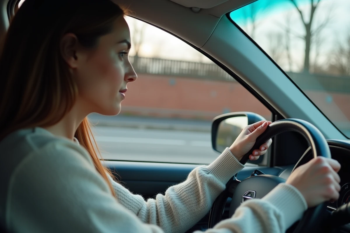 Femme regardant le miroir de sa voiture par une matinée froide