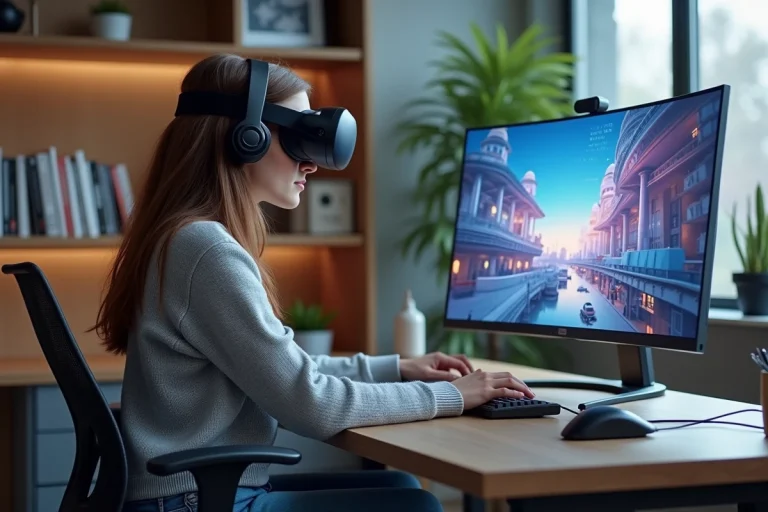 Jeune femme concentrée devant un moniteur virtuel dans un bureau moderne