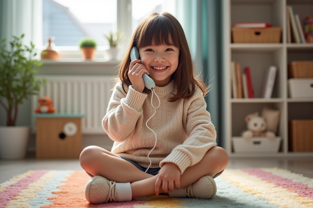 Fille de 7 ans avec un téléphone dans sa chambre