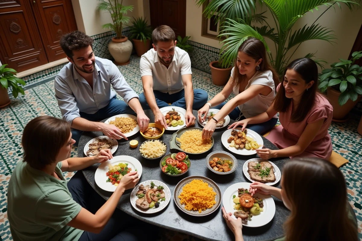Groupe de jeunes marocains partageant des mezze dans une cour