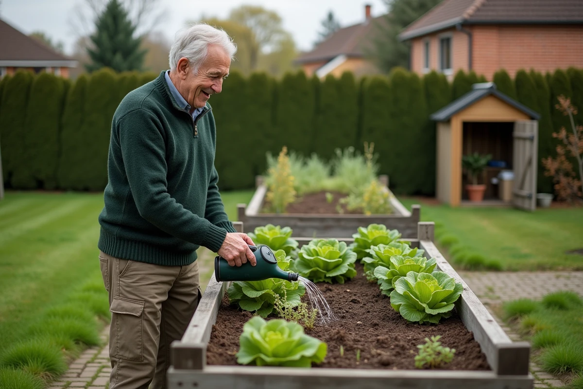 Homme âgé arrosant ses légumes dans un jardin d