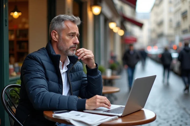 Homme d'âge moyen dans un café parisien avec ordinateur