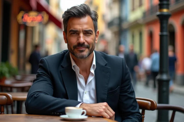 Homme célèbre espagnol assis dans un café de Madrid avec décor urbain authentique