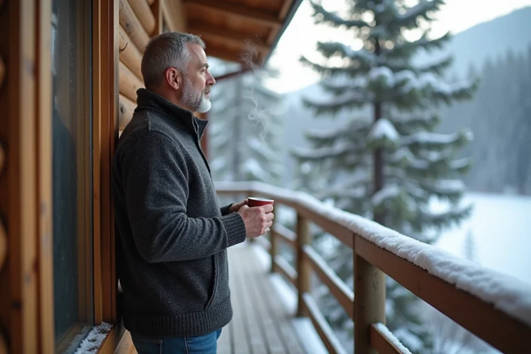 Homme d'âge moyen dans un chalet enneigé contemplant la nature