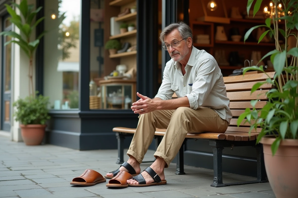 Homme examinant des sandales devant une boutique