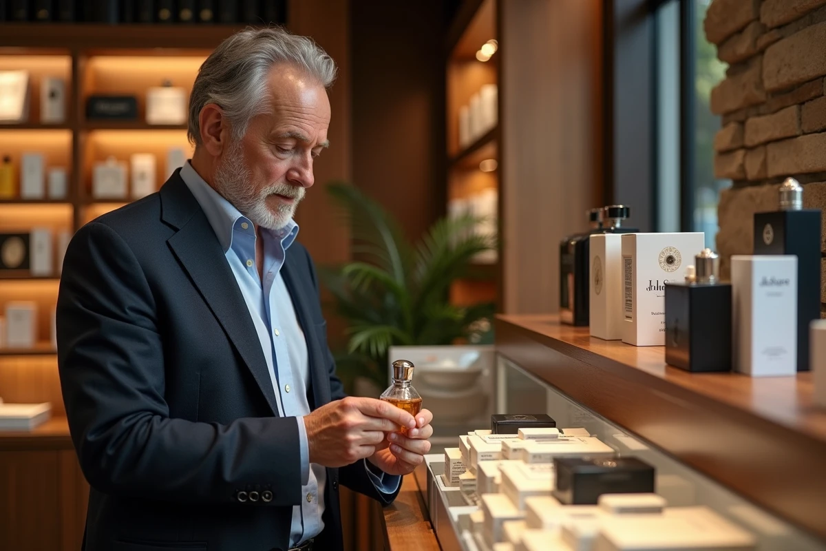 Homme d age moyen examinant un flacon de parfum en boutique