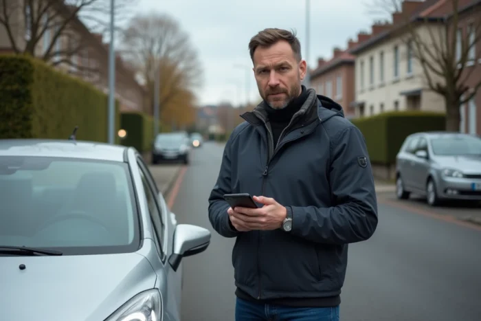 Man vergelijkt autoverzekeringsaanbiedingen op smartphone naast zijn auto in 2024