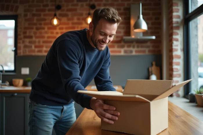 Homme découvrant avec joie un article tendance livré depuis une boutique en ligne originale