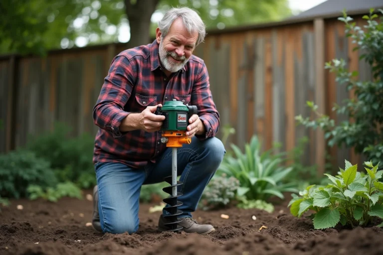 Homme d'âge moyen montrant un augure à essence dans un jardin