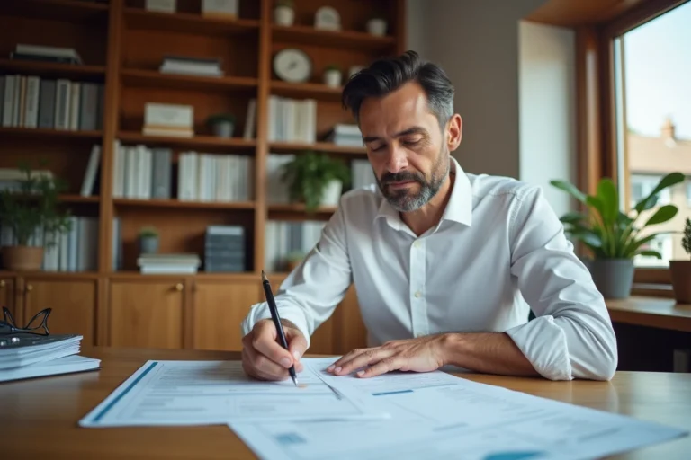 Homme d'affaires en chemise blanche étudiant des documents de crédit immobilier sur un bureau en chêne dans un bureau à domicile moderne