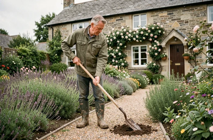Homme d'âge mûr en train d'aérer la terre d'un massif de fleurs devant un cottage en pierre entouré de lavande et de rosiers grimpants