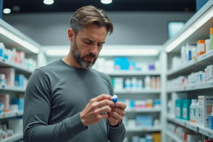 Homme adulte en pharmacie lisant un traitement contre les aphtes buccaux récurrents