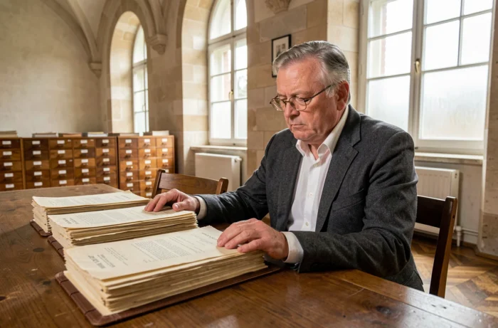 Homme distingué en blazer gris consultant des dossiers historiques dans une salle de lecture d'archives officielles
