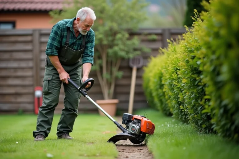 Homme d'âge moyen utilisant une débroussailleuse moderne dans un jardin