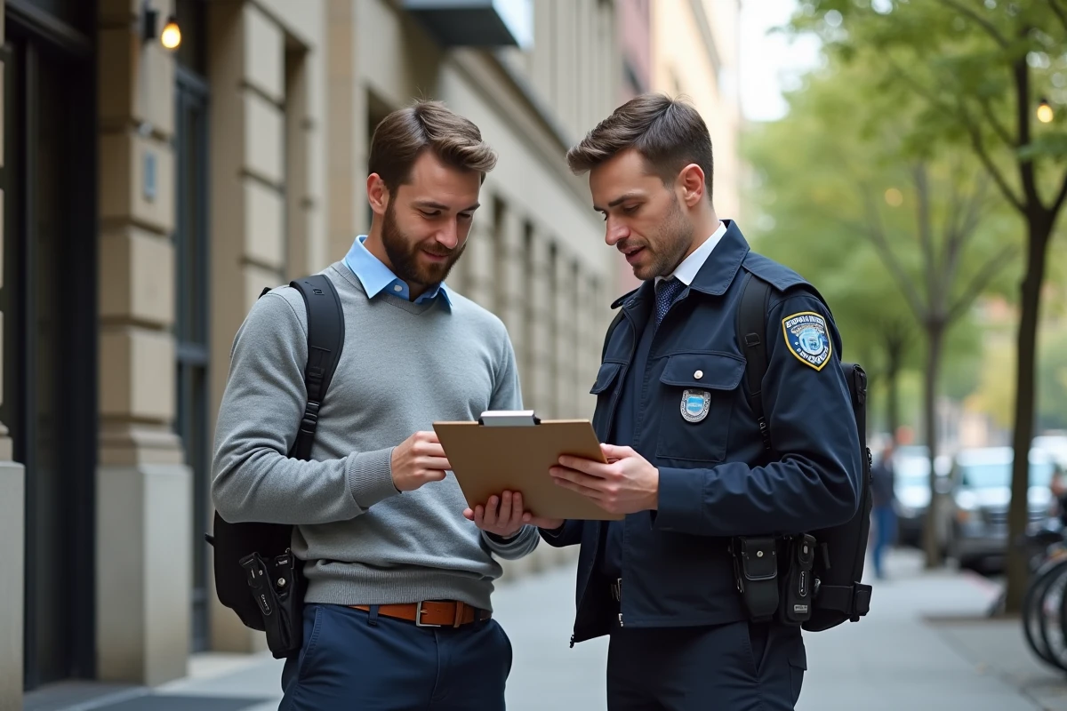 Jeune homme vérifiant une checklist avec un représentant