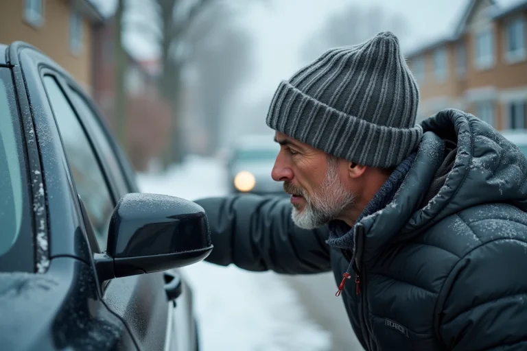 Homme en hiver inspectant un miroir givré de voiture