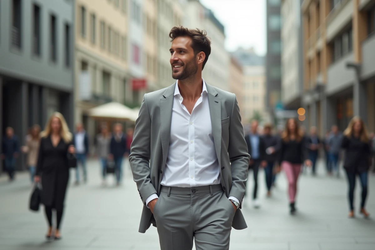 Homme élégant marchant dans une place urbaine animée