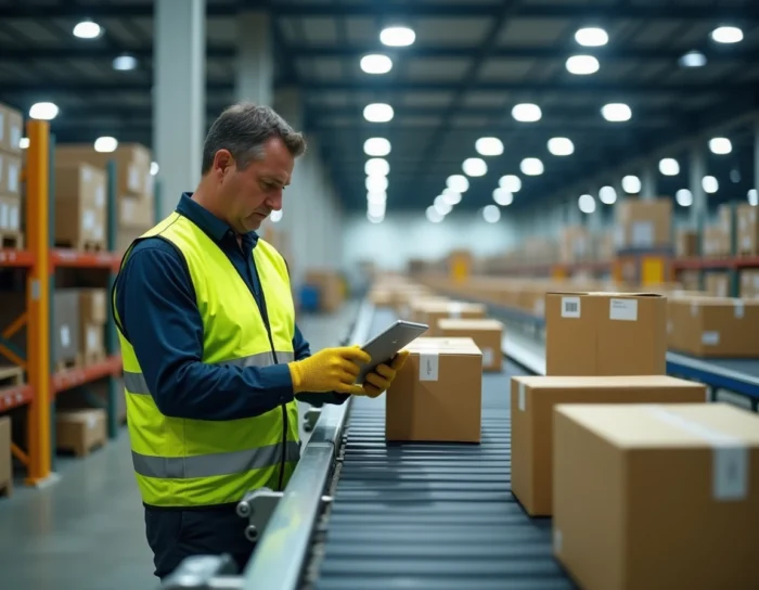 Agent logistique examinant un colis sur un tapis roulant dans un grand hub de tri de colis