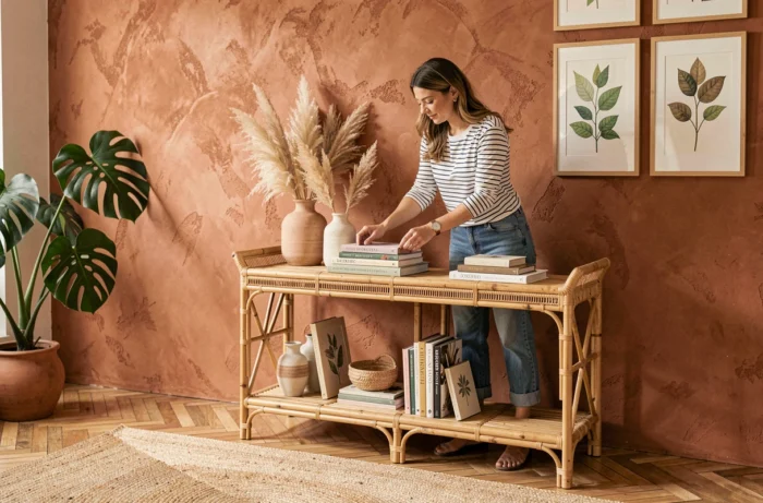 Femme arrangeant des objets décoratifs tendance comme des vases en céramique et de l'herbe de pampa sur une console en rotin