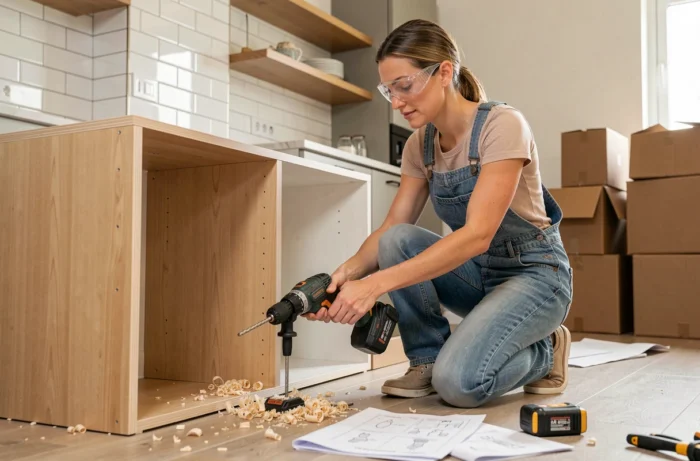 Femme installant des meubles de cuisine pendant des travaux de rénovation à domicile