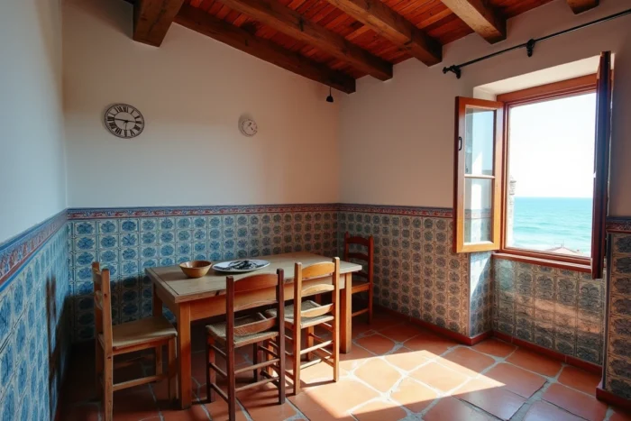 Intérieur authentique d'une maison de pêcheur portugaise avec azulejos, poutres en bois et carrelage ancien