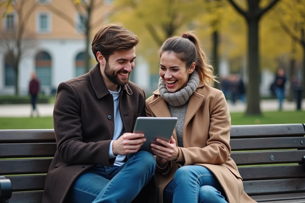 Jeune couple riant avec tablette dans un parc urbain