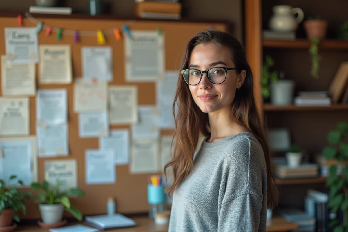Jeune femme dans un espace de travail avec tableau d