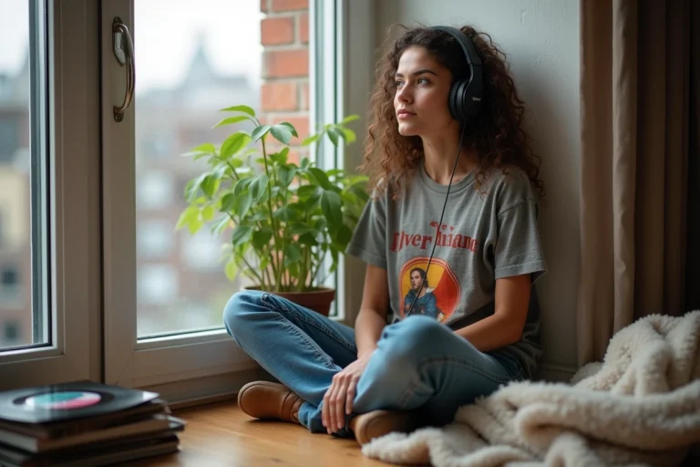 Jeune femme avec écouteurs vintage assise près d'une fenêtre