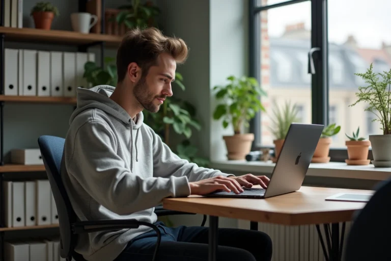 Jeune homme concentré sur son ordinateur à la maison