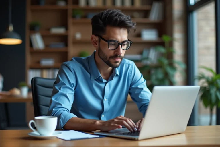 Jeune homme en bureau regardant l'actualité politique sur son ordinateur