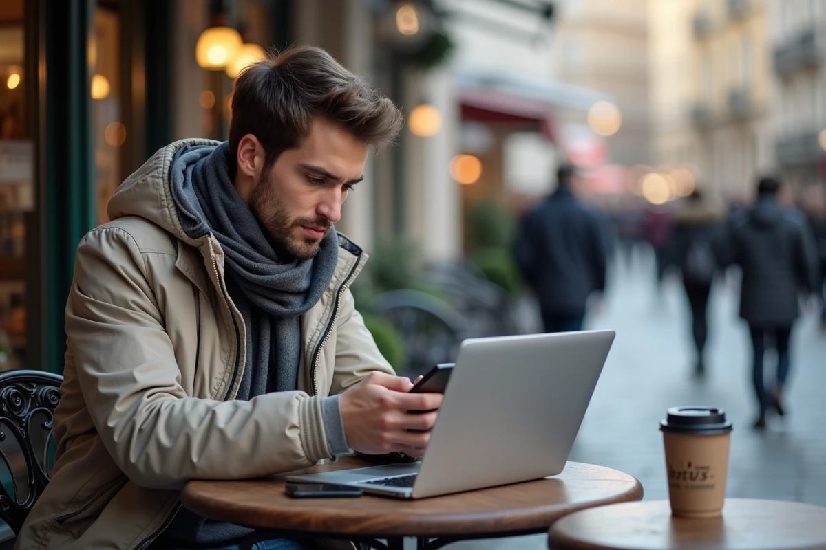 Jeune homme au café regardant son smartphone en ville