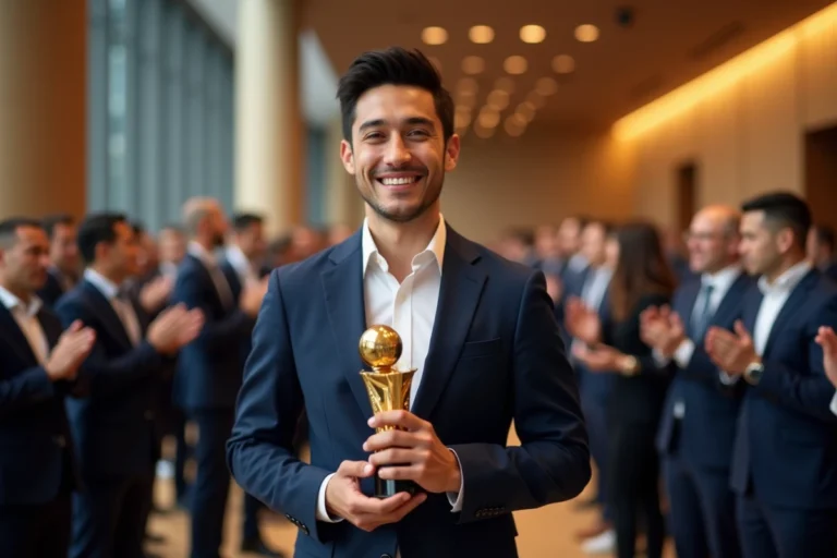 Jeune homme confiant avec trophée lors d'une cérémonie