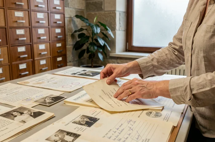 Mains féminines consultant des registres de mariage anciens et des archives officielles sur une table de recherche