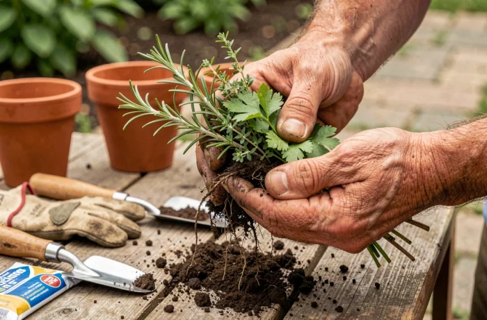 Gros plan de mains tenant des herbes aromatiques fraîchement récoltées au-dessus d'un établi de jardinage en bois rustique avec des pots en terre cuite