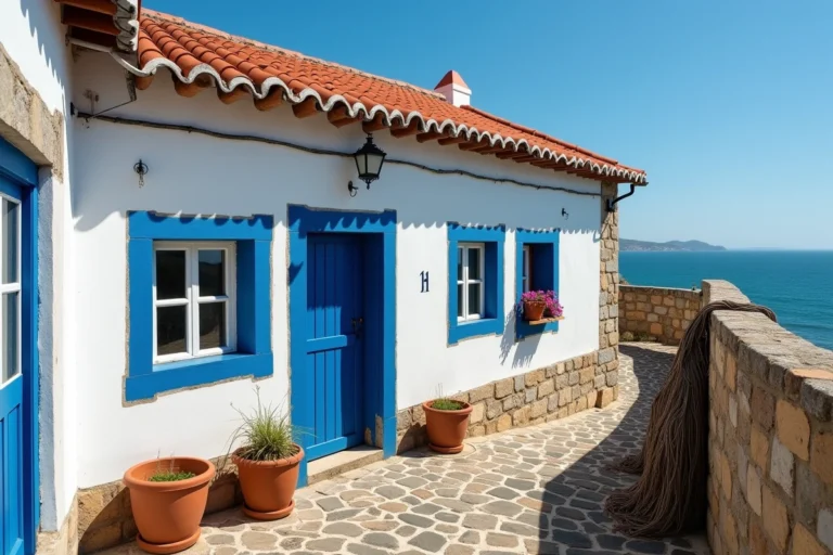 Petite maison de pêcheur traditionnelle au Portugal avec façade blanche et volets bleus dans une ruelle en pavés