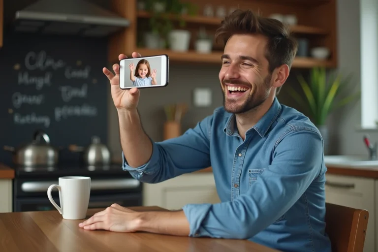 Pere en video appel avec sa fille souriante
