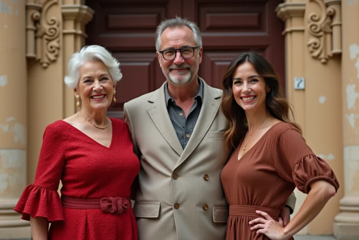 Groupe de personnalités culturelles espagnoles devant la façade d'un théâtre historique en Espagne