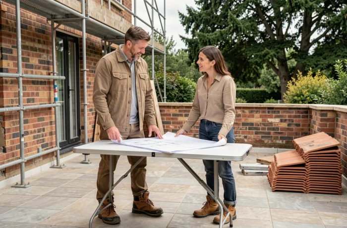 Couple examinant des plans architecturaux sur une terrasse lors de travaux de rénovation extérieure