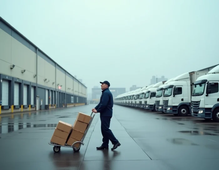 Chauffeur-livreur chargeant des colis devant les quais d'un hub logistique de distribution