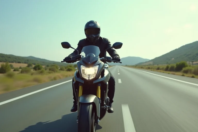 Homme en scooter maxi-trail sur autoroute lors d'un long trajet, équipé d'un casque intégral et d'une veste de moto textile