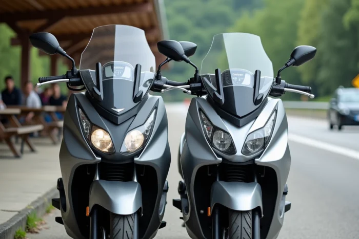 Deux scooters de tourisme pour autoroute garés à une aire de repos, avec top cases et pare-brise hauts pour longs trajets