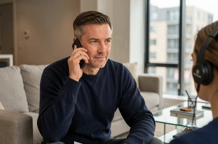 Homme contactant le service client d'une mutuelle santé par téléphone dans un salon moderne