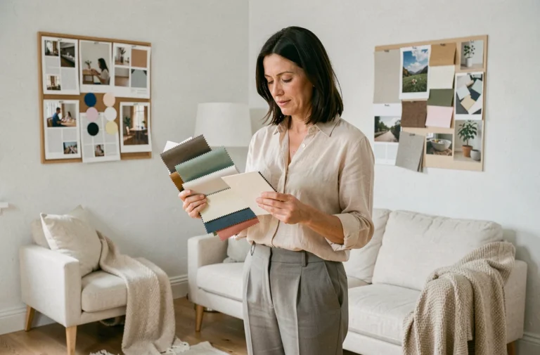 Femme consultant des échantillons de tissus et une palette de couleurs pour décorer son salon au style scandinave